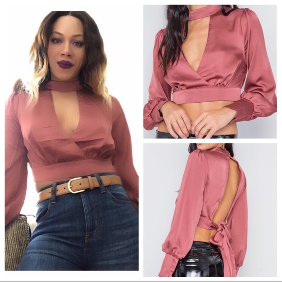 NWT Dusty Rose Satin Open Back Crop Top - Picture 2 of 5